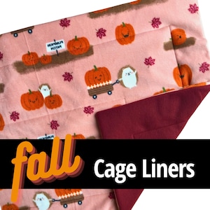 May include: Fall-themed cage liner with a pink fleece top and a burgundy fleece bottom. The top features a repeating pattern of pumpkins, hedgehogs, and leaves. The text "Pumpkin Patch" is visible on the liner.