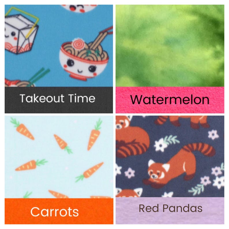 May include: A collage of four fabric patterns. The top left features a blue background with white takeout boxes and ramen bowls. The top right shows a green watercolor design with a pink border labeled "Watermelon". The bottom left has a light blue background with orange carrots. The bottom right has red pandas on a navy background.