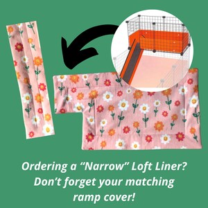 May include: Pink floral patterned ramp cover and loft liner for a pet cage. The design features orange, white, and red smiling flower graphics. The image also includes a diagram of a cage with a ramp and loft.