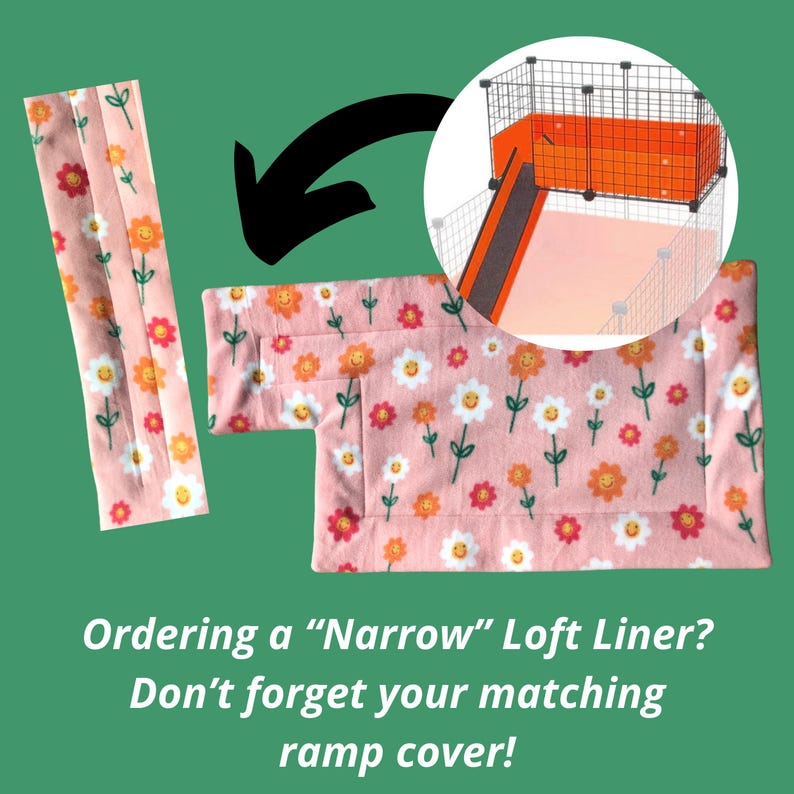 May include: Pink floral patterned ramp cover and loft liner for a pet cage. The design features orange, white, and red smiling flower graphics. The image also includes a diagram of a cage with a ramp and loft.
