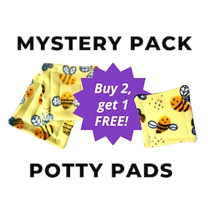 May include: Three yellow and white potty pads with a bee design. The pads are stacked on top of each other. A purple starburst with the text "Buy 2, get 1 FREE!" is in the center of the image. The text "MYSTERY PACK POTTY PADS" is at the top and bottom of the image.