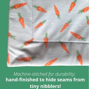 May include: A light blue fabric with a repeating pattern of orange carrots with green tops. The fabric has a machine-stitched seam and the text "Machine-stitched for durability; hand-finished to hide seams from tiny nibblers!"