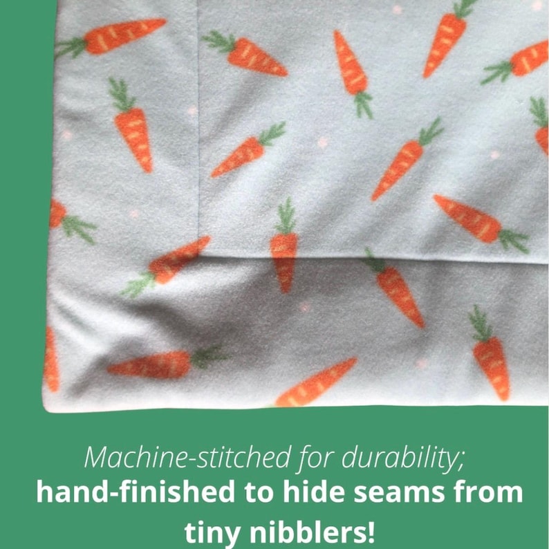 May include: A light blue fabric with a repeating pattern of orange carrots with green tops. The fabric has a machine-stitched seam and the text "Machine-stitched for durability; hand-finished to hide seams from tiny nibblers!"