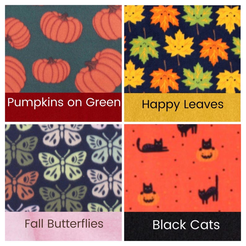May include: A four-panel fabric collage featuring seasonal patterns: orange pumpkins on a dark green background, smiling autumn leaves on navy, light-colored butterflies on a dark blue field, and black cats with pumpkins on an orange background.