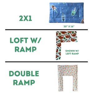 May include: A blue pet bed with a bubble tea pattern, measuring 30 inches by 16 inches. The image also shows a sloth-themed ramp and a carrot-patterned double ramp, with text reading "2X1", "LOFT W/ RAMP", and "DOUBLE RAMP".