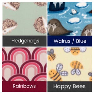 May include: Four fabric swatches with different patterns. The top left features hedgehogs on a light green background. The top right shows walruses and clouds on a blue background. The bottom left displays a rainbow pattern. The bottom right has happy bees.