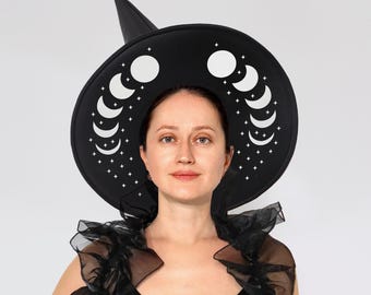 Wide Brim Witch Hat: Halloween Costume Accessory with Moon Phase Design
