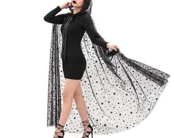 Black Star Tulle Hooded Cape: Witch Cloak for Halloween Costume