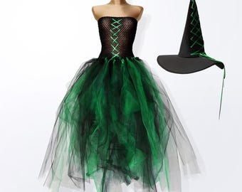 Tulle Witch Costume: Green & Black Tutu Dress with Hat