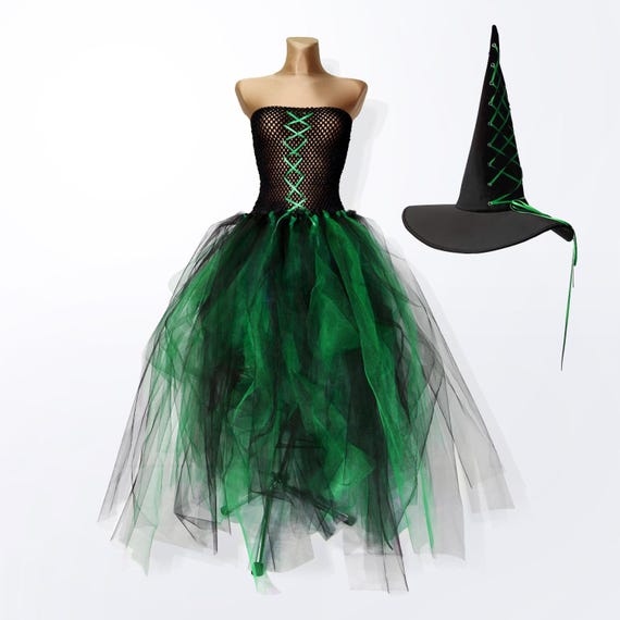 Tulle Witch Costume: Green & Black Tutu Dress with Hat