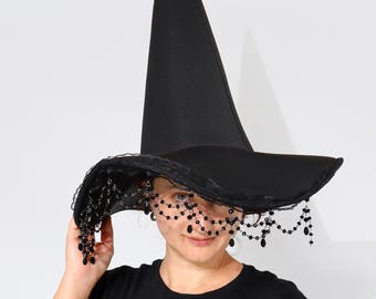 Black Witch Hat with Beads: Gothic Halloween Costume Hat