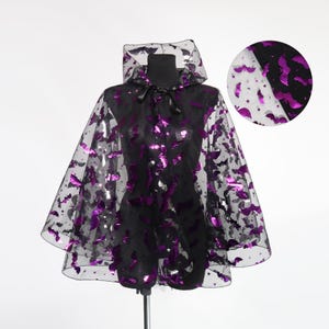 Purple Bat Cape – Sheer Halloween Cloak with Hood | Vampire Costume Accessory | Bat Wing Shawl