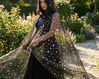 Black Sheer Wizard Cape with Gold Stars for Halloween