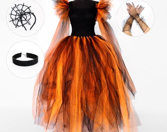 Orange Halloween Dress Set: Tulle Costume with Accessories
