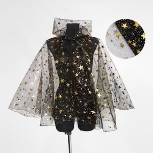 Black Mesh Star Cape with Hood – Halloween Cloak for Witch Costume or Wizard Cosplay