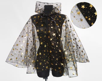 Black Stars & Moon cloak in vegan silk chiffon Celestial Fashion polyester cape with hood  dark fantasy witch wizard costume back to black