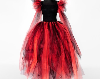 Abito da diavoletta rosso per Halloween, costume da diavoletta in tulle con maniche a sbuffo