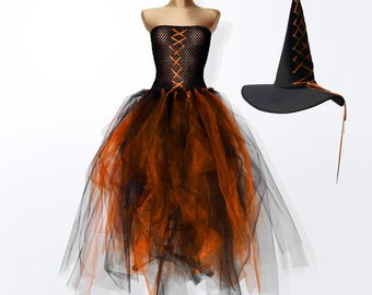 Orange Black Witch Costume Set with Hat, Tulle Halloween Dress for Women