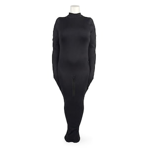 May include: A black, full-body garment with long sleeves and a high neckline. The form-fitting design features a vertical zipper down the front. The garment is displayed on a mannequin against a white background.