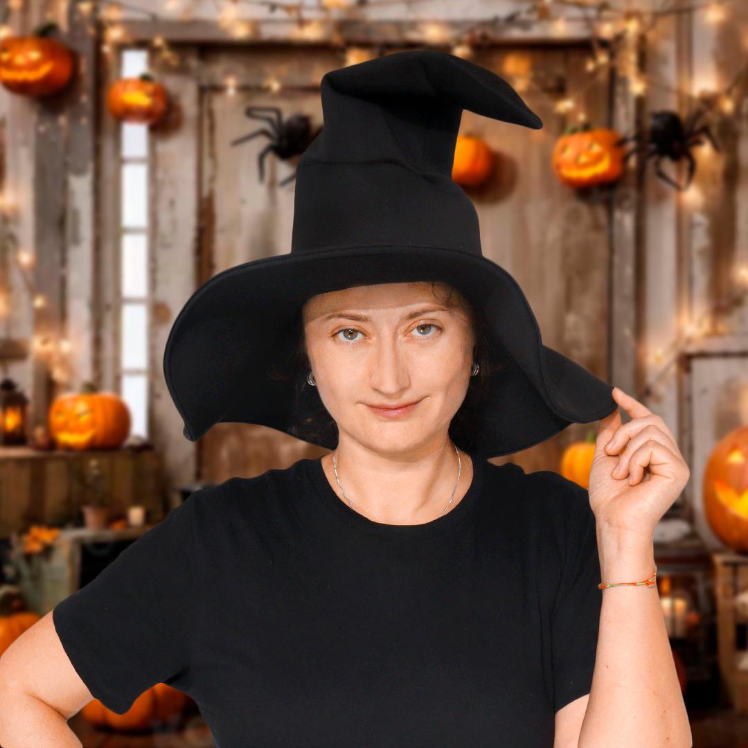 Cappello Da Strega In Maglia Nero – Tesa Larga E Punta – Unica Taglia 56-58 Cm – Per Halloween E Costumi, Ma Anche Per L'Inverno