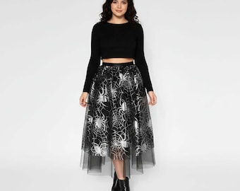 Spider Web Tulle Skirt, Silver Black Halloween Costume Skirt