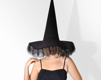 Elegant Black Witch Hat with Lace - Halloween Costume