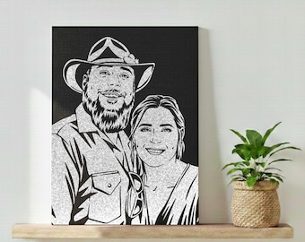 Ritratto di coppia scintillante su tela nera: un regalo di nozze abbagliante. Effetto WOW: lo cospargerai!
