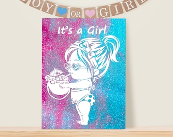Könnte beinhalten: Ein rosa-blauer Glitzerhintergrund mit einer weißen Silhouette eines Mädchens, das eine Sonnenbrille und einen Badeanzug trägt und ein tropisches Getränk hält. Der Text "It's a Girl" steht über dem Mädchen.
