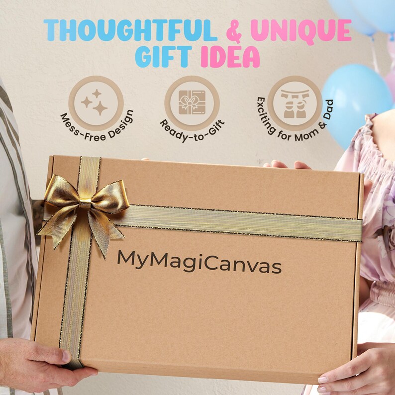 K&ouml;nnte beinhalten: Ein brauner Karton mit einem goldenen Band und Schleife. Der Karton ist mit "MyMagiCanvas" beschriftet und hat oben drei Symbole: einen Stern, ein Geschenk und ein Paar. Der Text "Gedankenvolles & einzigartiges Geschenkidee" befindet sich &uuml;ber den Symbolen.