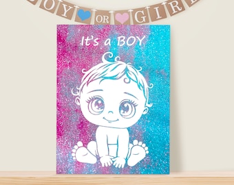 Könnte beinhalten: Ein Schild für eine Gender-Reveal-Party mit einem glitzernden Hintergrund in Blau und Rosa. Das Schild sagt "Es ist ein Junge" und zeigt ein weißes Cartoon-Baby mit großen Augen.