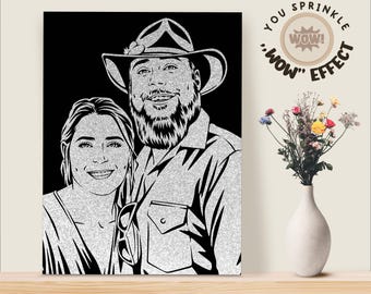 Glitter Portrait on BLACK CANVAS. Unique technique - sprinkle away. Customized couple portrait. Wedding portraits. Memorable gift.