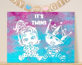 Gender Reveal Canvas for Twins, Canvas and Glitter to Announce the Arrival of Twins, Gender Reveal & Baby Shower, Magical Effect