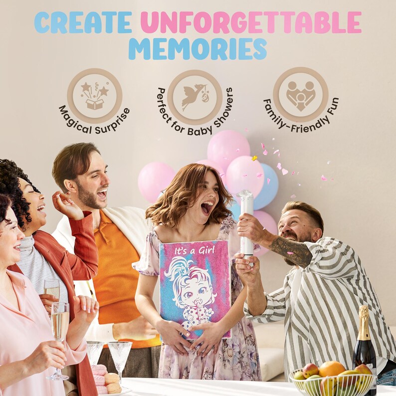 K&ouml;nnte beinhalten: Eine Gruppe von Menschen feiert eine Babyparty mit rosa und wei&szlig;en Luftballons, Konfetti und einem Schild mit der Aufschrift "It's a Girl!"