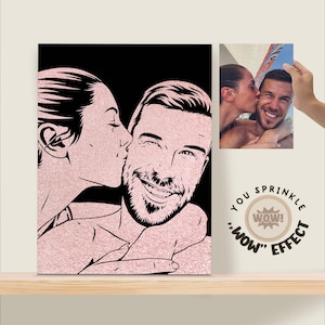 Glitter portrait on black canvas from several photos. Memorable gift for couple. Sparkling gift for wedding.