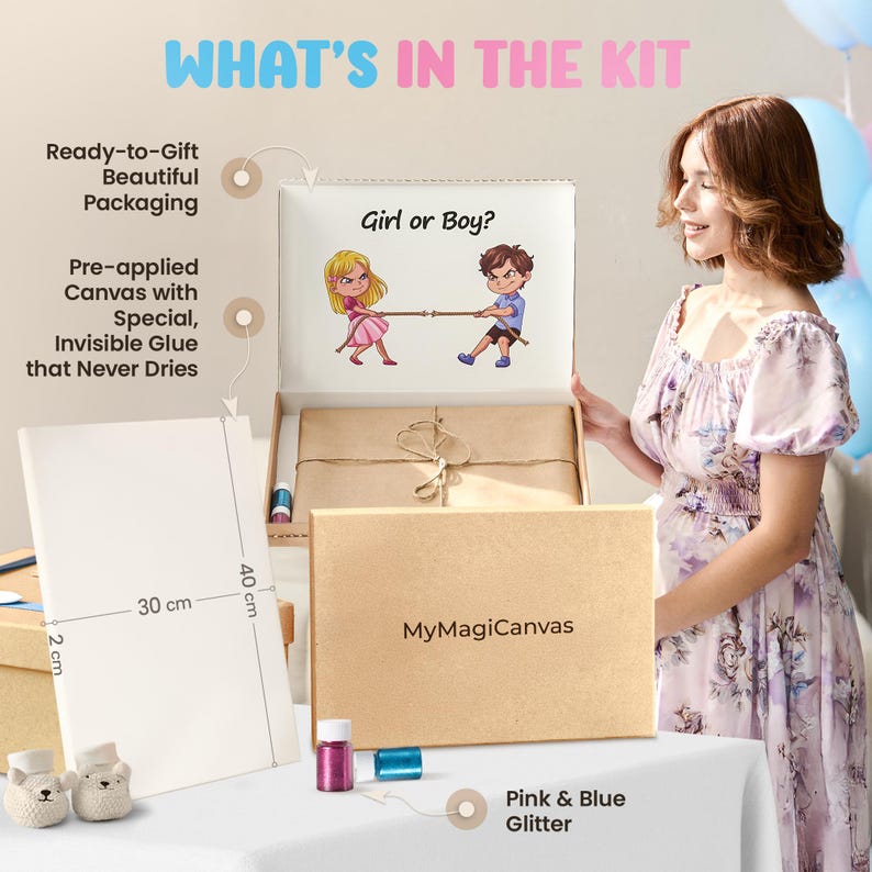 Gender Reveal Kit - Leinwand und Glitzer zur Geschlechtsenthüllung des Babys, Schwangerschaftsankündigung, Geschlechtsreveal Bild 5