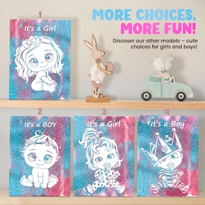 K&ouml;nnte beinhalten: Vier druckbare Designs f&uuml;r Babyparty-Dekorationen. Jedes Design zeigt ein Baby mit einem anderen Ausdruck und Outfit. Die Designs sind auf einem blauen und rosa Glitzerhintergrund. Der Text auf den Designs lautet "Es ist ein M&auml;dchen" und "Es ist ein Junge".