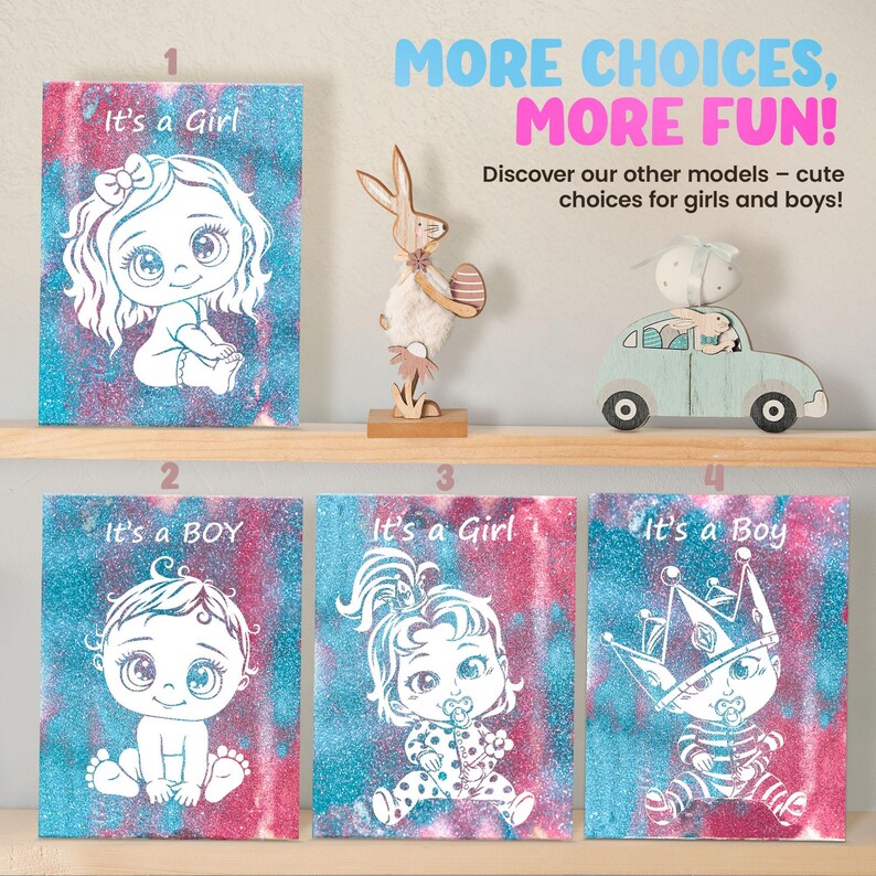 K&ouml;nnte beinhalten: Vier druckbare Designs f&uuml;r Babyparty-Dekorationen. Jedes Design zeigt ein Baby mit einem anderen Ausdruck und Outfit. Die Designs sind auf einem blauen und rosa Glitzerhintergrund. Der Text auf den Designs lautet "Es ist ein M&auml;dchen" und "Es ist ein Junge".