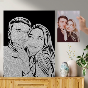 Custom Couple Glitter Portrait on Black Canvas. Wedding Gift.