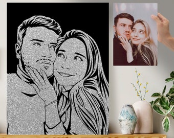 Portrait de Couple à Pailletes sur Toile Noire - Cadeau Unique pour Mariage.