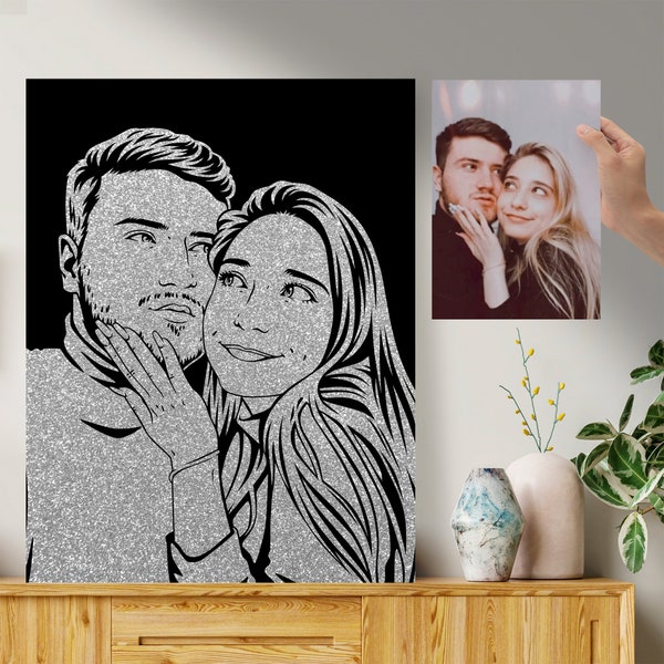 Custom Couple Glitter Portrait on Black Canvas. Wedding Gift.