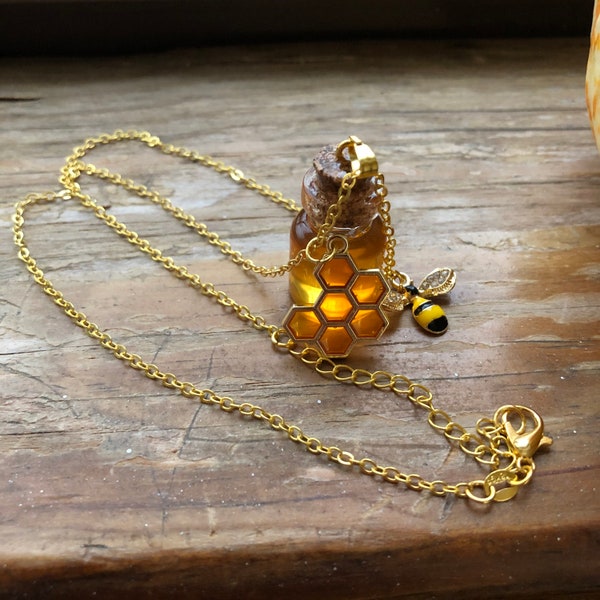 Honey Jar Pendant Necklace Gold Bee and Honeycomb 100% pure Honey charm 18" inch length Jewelry