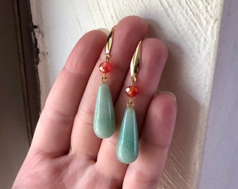 Howl’s Moving Castle Inspired Earrings for Men and Women - natural green Aventurine gemstone and gold colored stainless steel