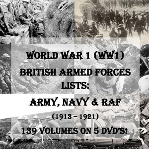 British World War 1 Lists - 139 Vols on 5 DVD&#39;s - Army Royal Navy RAF WW1 Medal Research Military Records History Genealogy Book Books