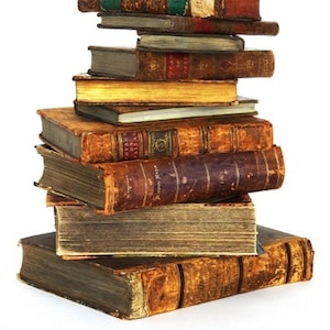 May include: A stack of vintage, leather-bound books with worn pages and gold lettering. The books are arranged in a vertical stack, with the oldest book on top and the newest book on the bottom.