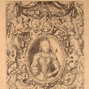 May include: A black and white illustration of a book cover with a title that reads "The holie Bible" and a portrait of a woman in a crown and armor. The text below the portrait reads "Non me puder Euangely Orifts Virtus enim Dei est ad falutem Omni credenti Rom."