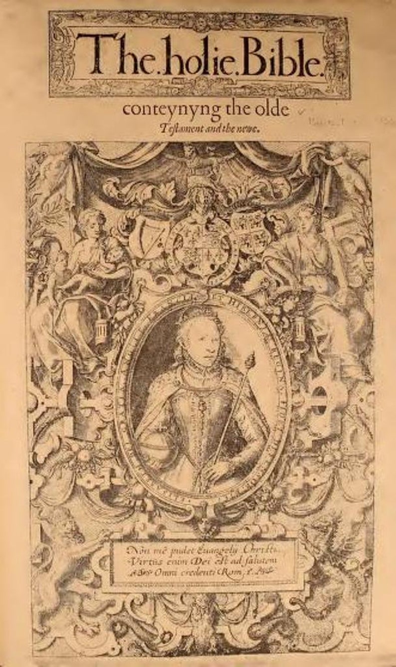 May include: A black and white illustration of a book cover with a title that reads "The holie Bible" and a portrait of a woman in a crown and armor. The text below the portrait reads "Non me puder Euangely Orifts Virtus enim Dei est ad falutem Omni credenti Rom."