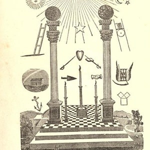 May include: A black and white illustration of a Masonic symbol. The symbol features two pillars with a checkered floor between them. There is an eye in a triangle above the pillars, and a ladder on the left side. The symbol is surrounded by other Masonic symbols, including a heart, a compass, and a square.