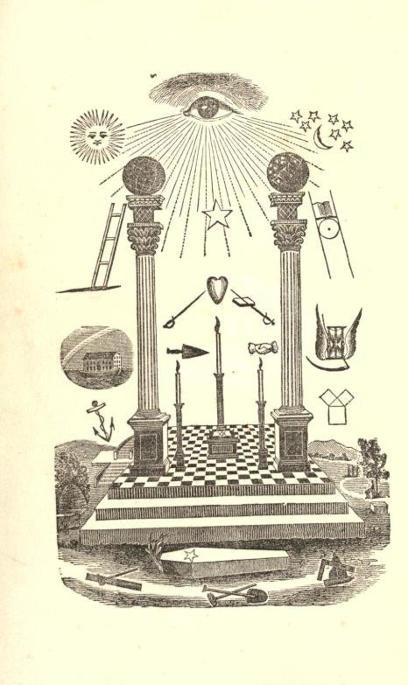May include: A black and white illustration of a Masonic symbol. The symbol features two pillars with a checkered floor between them. There is an eye in a triangle above the pillars, and a ladder on the left side. The symbol is surrounded by other Masonic symbols, including a heart, a compass, and a square.