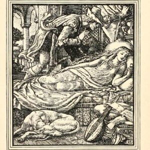 May include: A black and white illustration of a sleeping princess in a tower, with a man entering the room. The text "The Sleeping Beauty" is at the top of the image. The text "At last he came to the tower & opened the door of the little room where Rosamond lay" is at the bottom of the image.