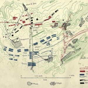 May include: A black and white map showing the battle of Waterloo. The map depicts the positions of the British, French, and Prussian armies. The map also shows the terrain features of the battlefield, including the hills, woods, and streams.